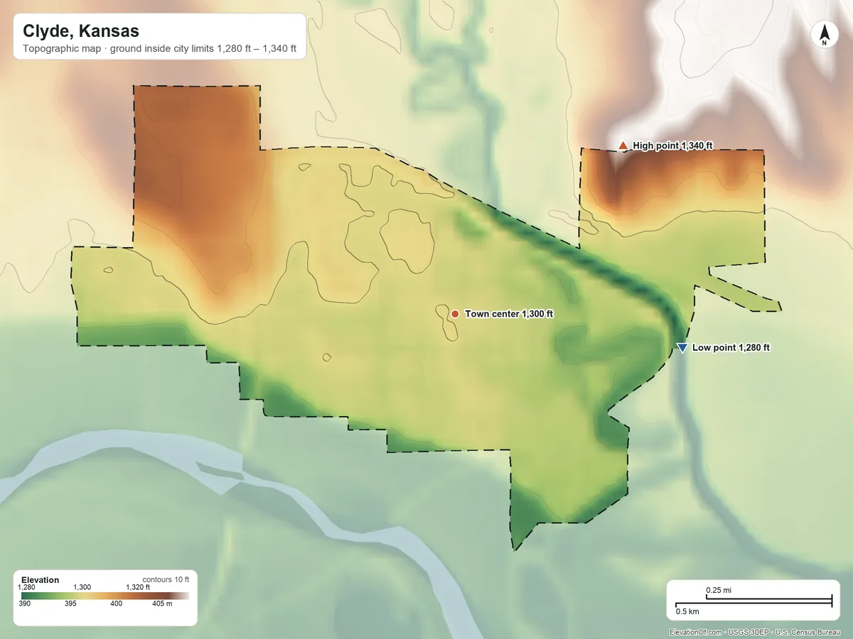Topographic elevation map of Clyde, Kansas, shaded from 1,280 ft on the east side to 1,340 ft on the northeast side