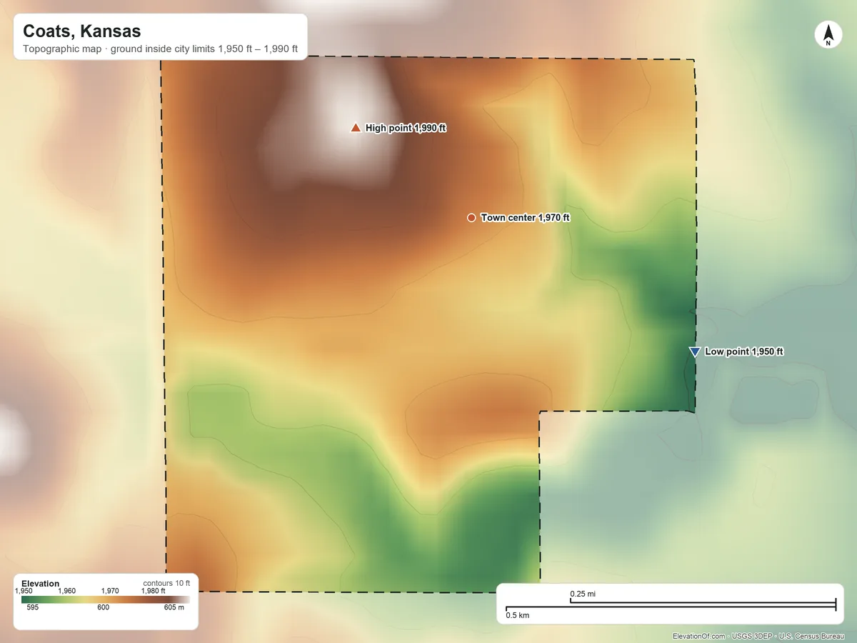 Topographic elevation map of Coats, Kansas, shaded from 1,950 ft on the southeast side to 1,990 ft on the northwest side