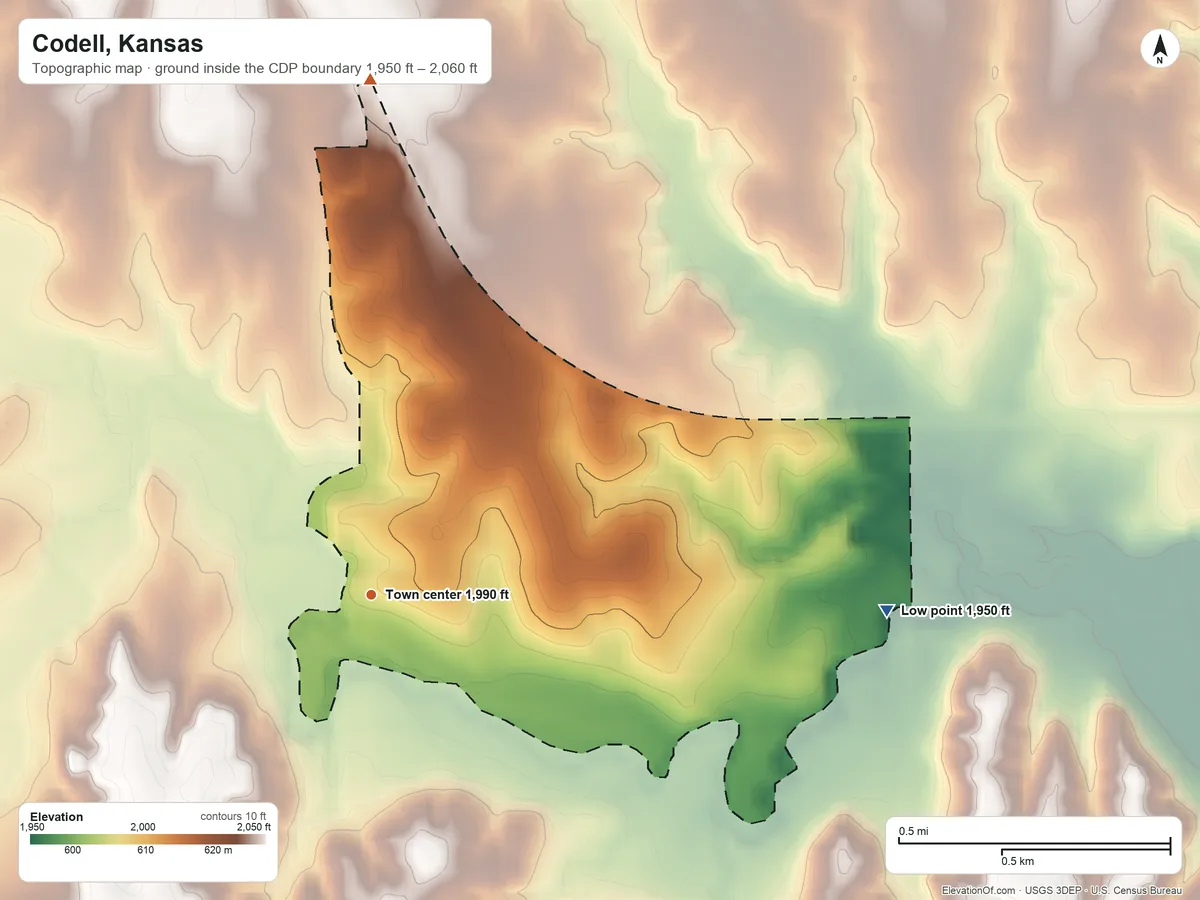 Topographic elevation map of Codell, Kansas, shaded from 1,950 ft on the east side to 2,060 ft on the north side