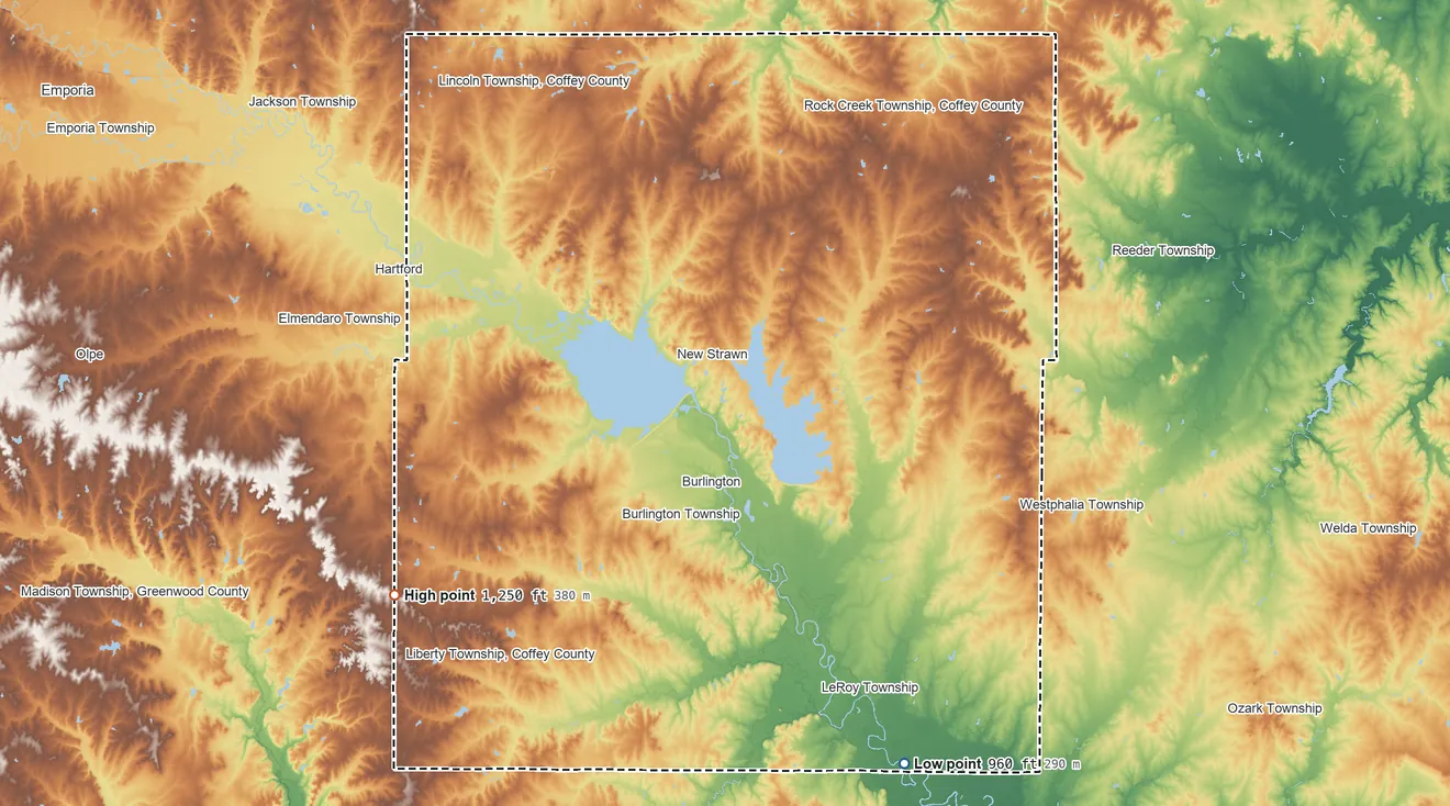 Topographic elevation map of Coffey County, Kansas, shaded from 960 ft on the southeast side to 1,250 ft on the southwest side