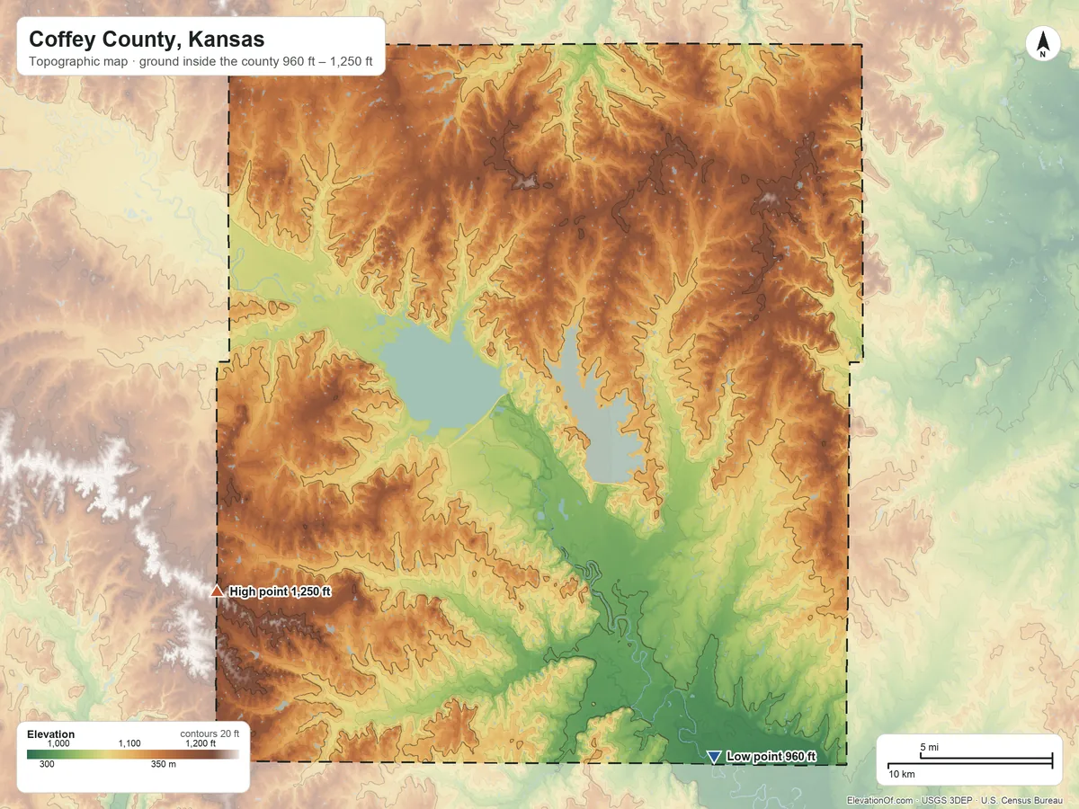 Topographic elevation map of Coffey County, Kansas, shaded from 960 ft on the southeast side to 1,250 ft on the southwest side