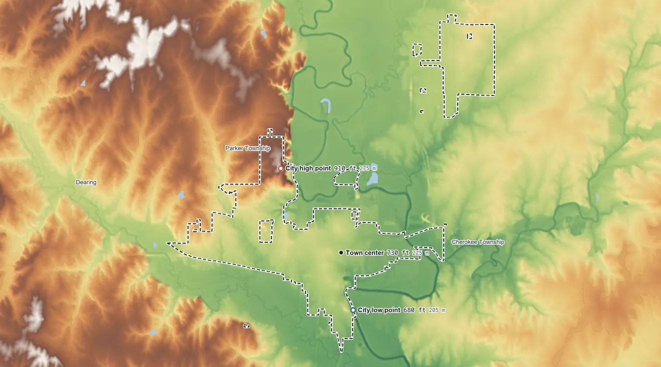 Topographic elevation map of Coffeyville, Kansas, shaded from 680 ft on the south side to 910 ft on the northwest side