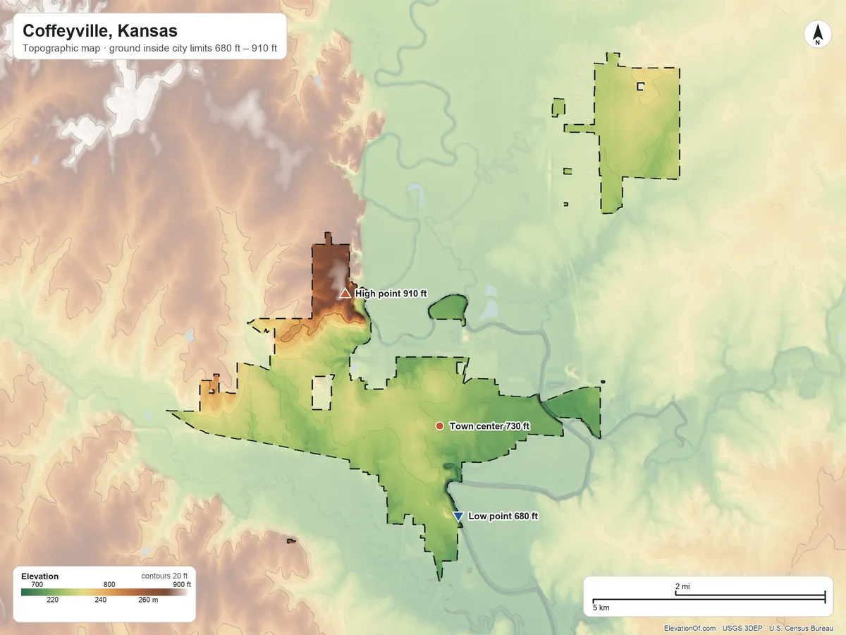 Topographic elevation map of Coffeyville, Kansas, shaded from 680 ft on the south side to 910 ft on the northwest side
