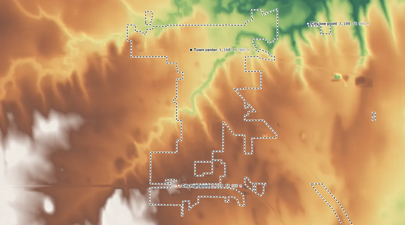 Topographic elevation map of Colby, Kansas, shaded from 3,100 ft on the east side to 3,220 ft on the south side
