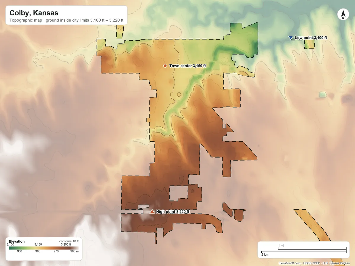 Topographic elevation map of Colby, Kansas, shaded from 3,100 ft on the east side to 3,220 ft on the south side