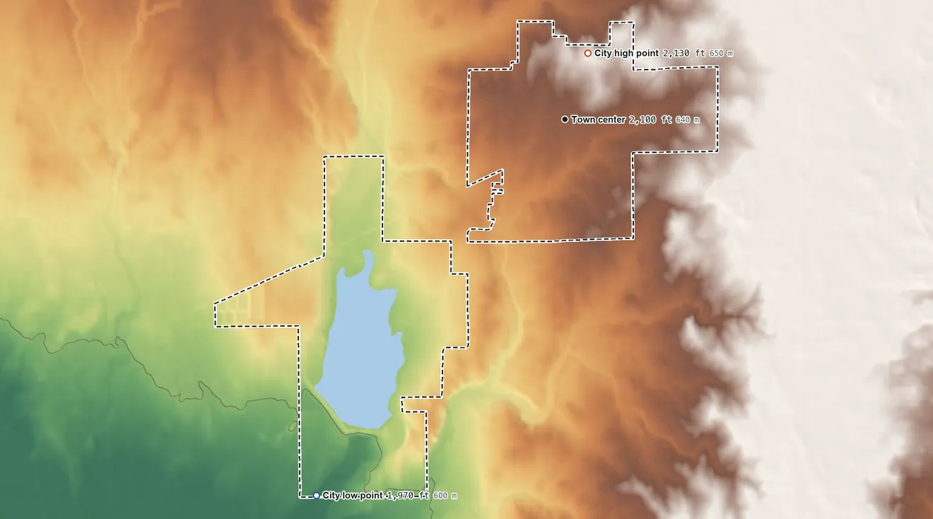 Topographic elevation map of Coldwater, Kansas, shaded from 1,970 ft on the southwest side to 2,130 ft on the north side