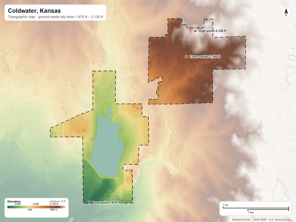 Topographic elevation map of Coldwater, Kansas, shaded from 1,970 ft on the southwest side to 2,130 ft on the north side
