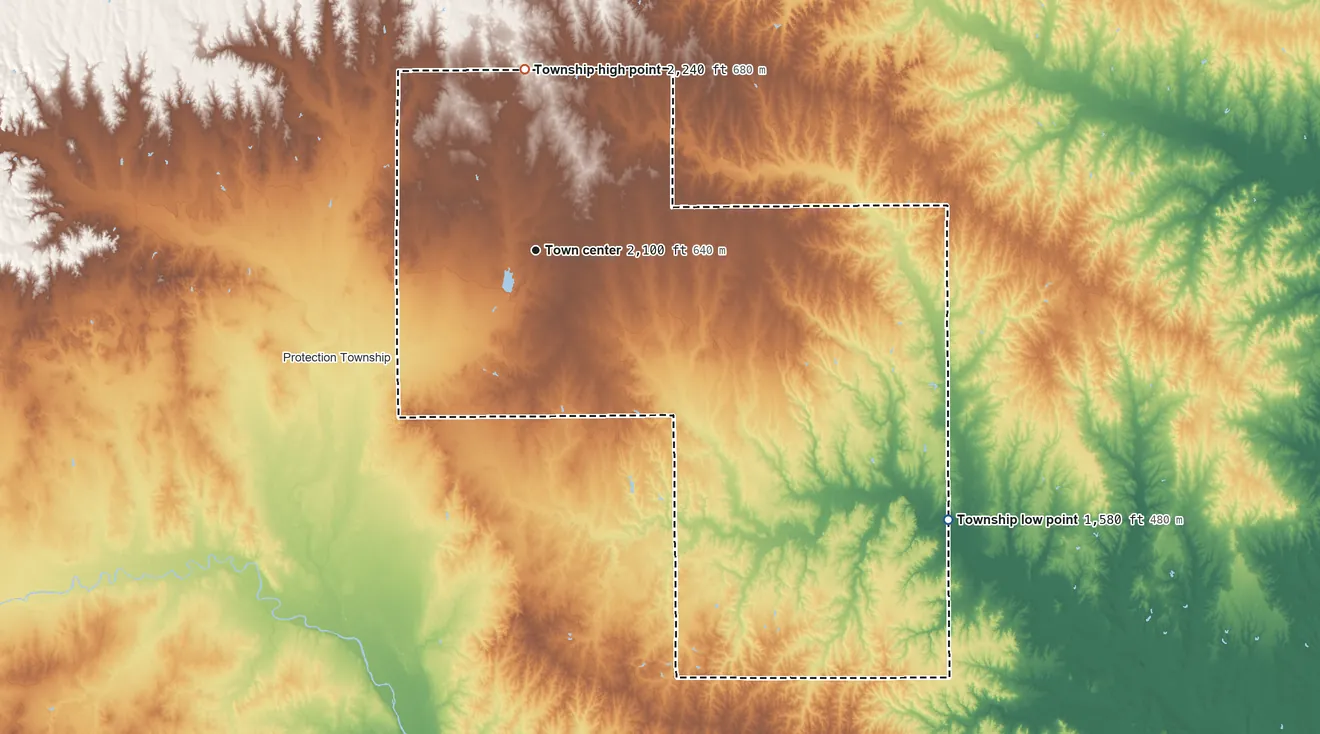 Topographic elevation map of Coldwater Township, Kansas, shaded from 1,580 ft on the southeast side to 2,240 ft on the north side