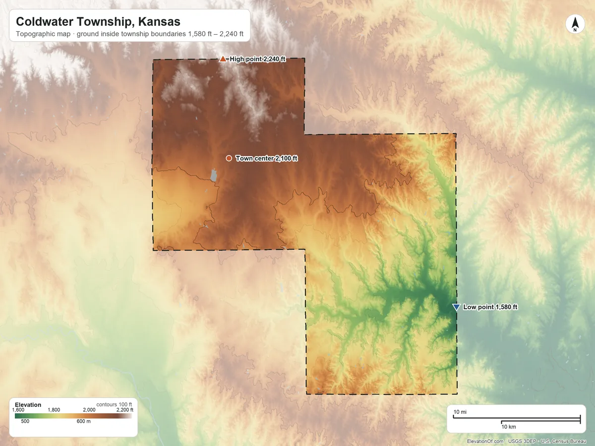 Topographic elevation map of Coldwater Township, Kansas, shaded from 1,580 ft on the southeast side to 2,240 ft on the north side