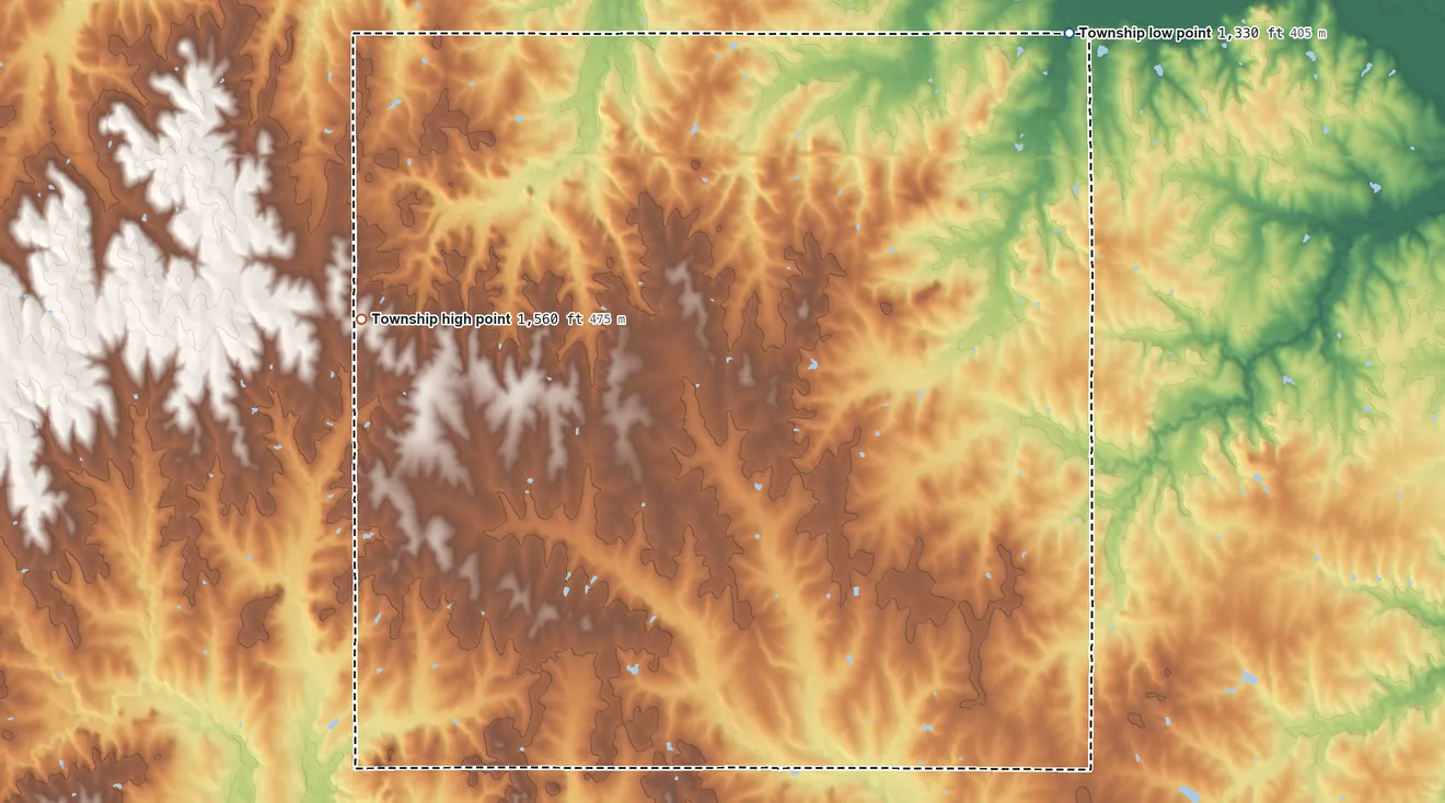 Topographic elevation map of Coleman Township, Kansas, shaded from 1,330 ft on the northeast side to 1,560 ft on the west side