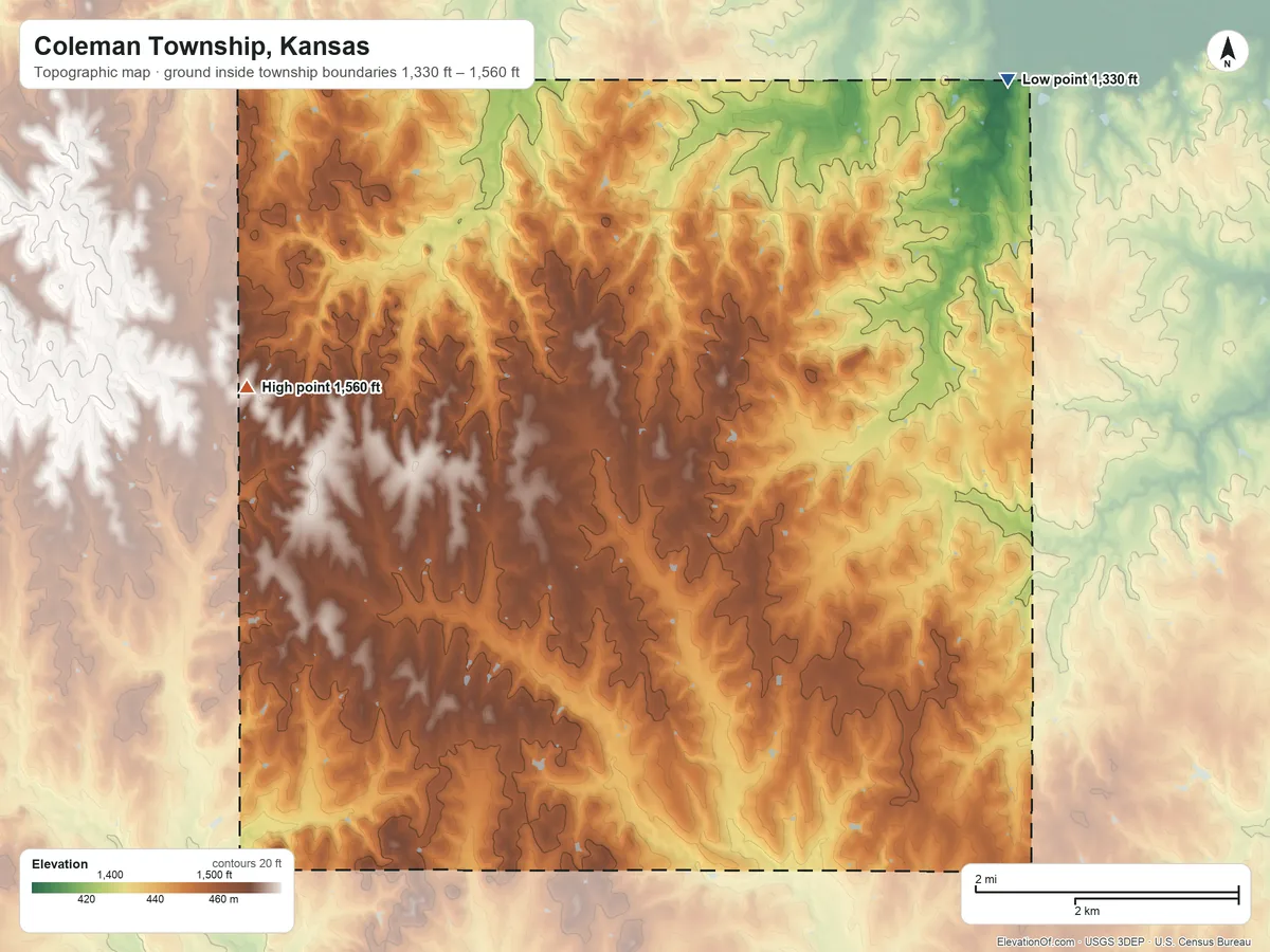 Topographic elevation map of Coleman Township, Kansas, shaded from 1,330 ft on the northeast side to 1,560 ft on the west side