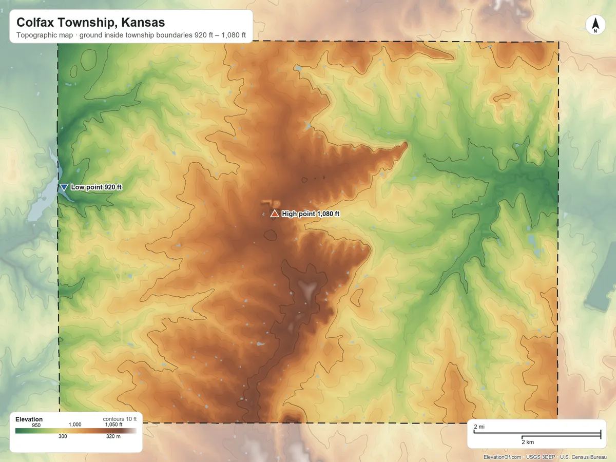 Topographic elevation map of Colfax Township, Kansas, shaded from 920 ft on the west side to 1,080 ft on the northwest side