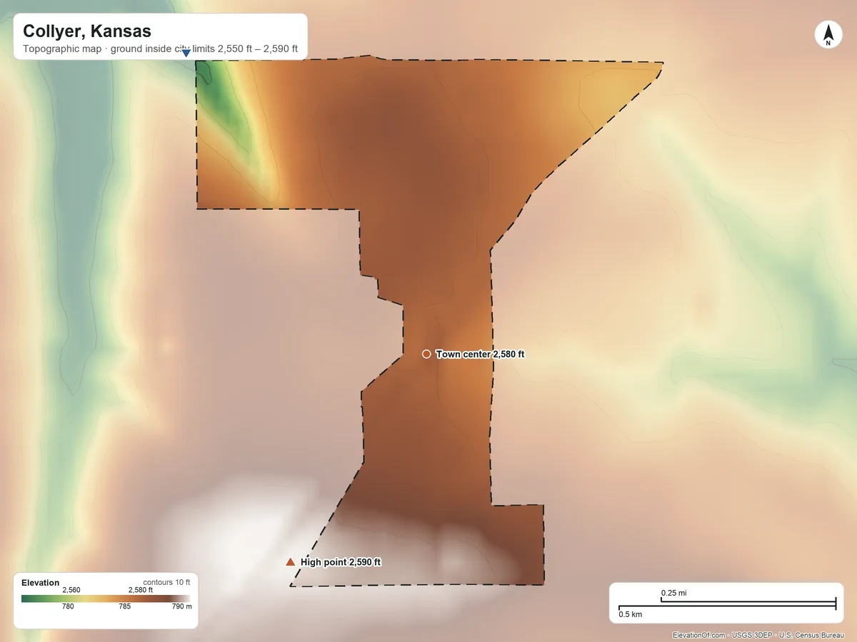 Topographic elevation map of Collyer, Kansas, shaded from 2,550 ft on the northwest side to 2,590 ft on the southwest side