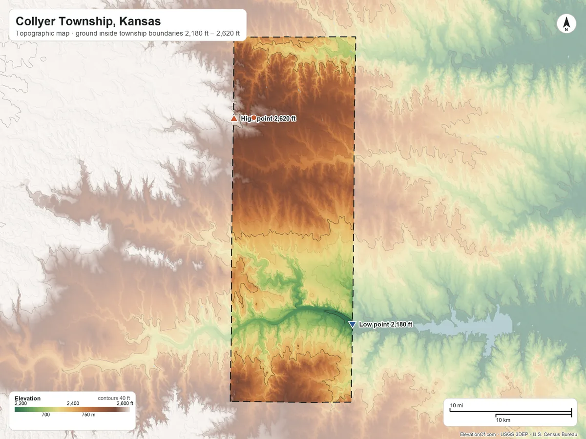 Topographic elevation map of Collyer Township, Kansas, shaded from 2,180 ft on the southeast side to 2,620 ft near the middle