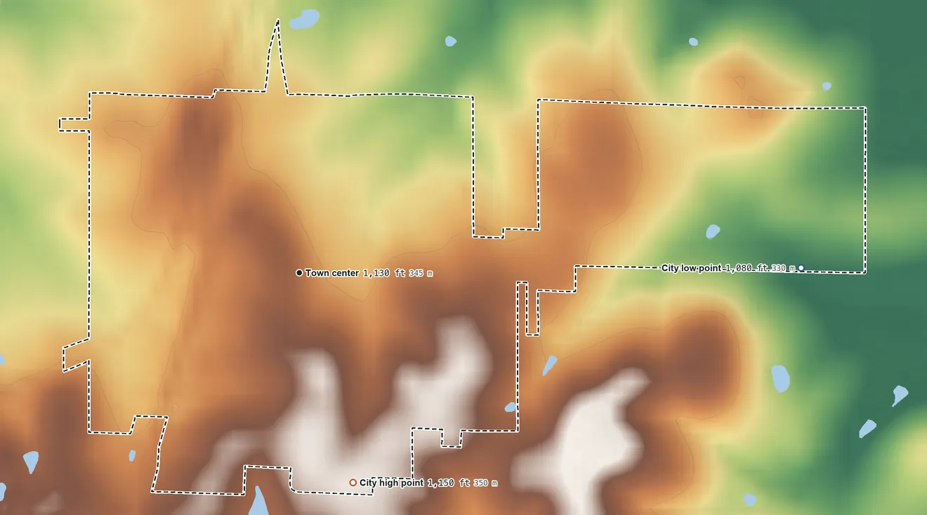 Topographic elevation map of Colony, Kansas, shaded from 1,080 ft on the east side to 1,150 ft on the south side