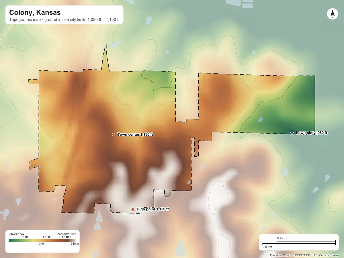 Topographic elevation map of Colony, Kansas, shaded from 1,080 ft on the east side to 1,150 ft on the south side