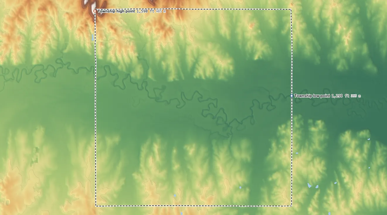 Topographic elevation map of Colorado Township, Kansas, shaded from 1,290 ft on the east side to 1,590 ft on the northwest side