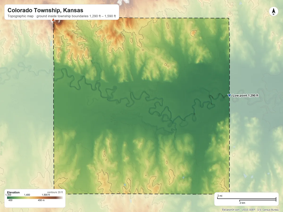 Topographic elevation map of Colorado Township, Kansas, shaded from 1,290 ft on the east side to 1,590 ft on the northwest side