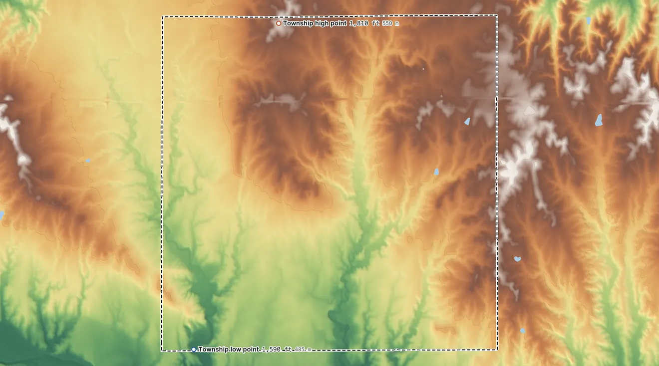 Topographic elevation map of Columbia Township, Kansas, shaded from 1,590 ft on the southwest side to 1,810 ft on the north side