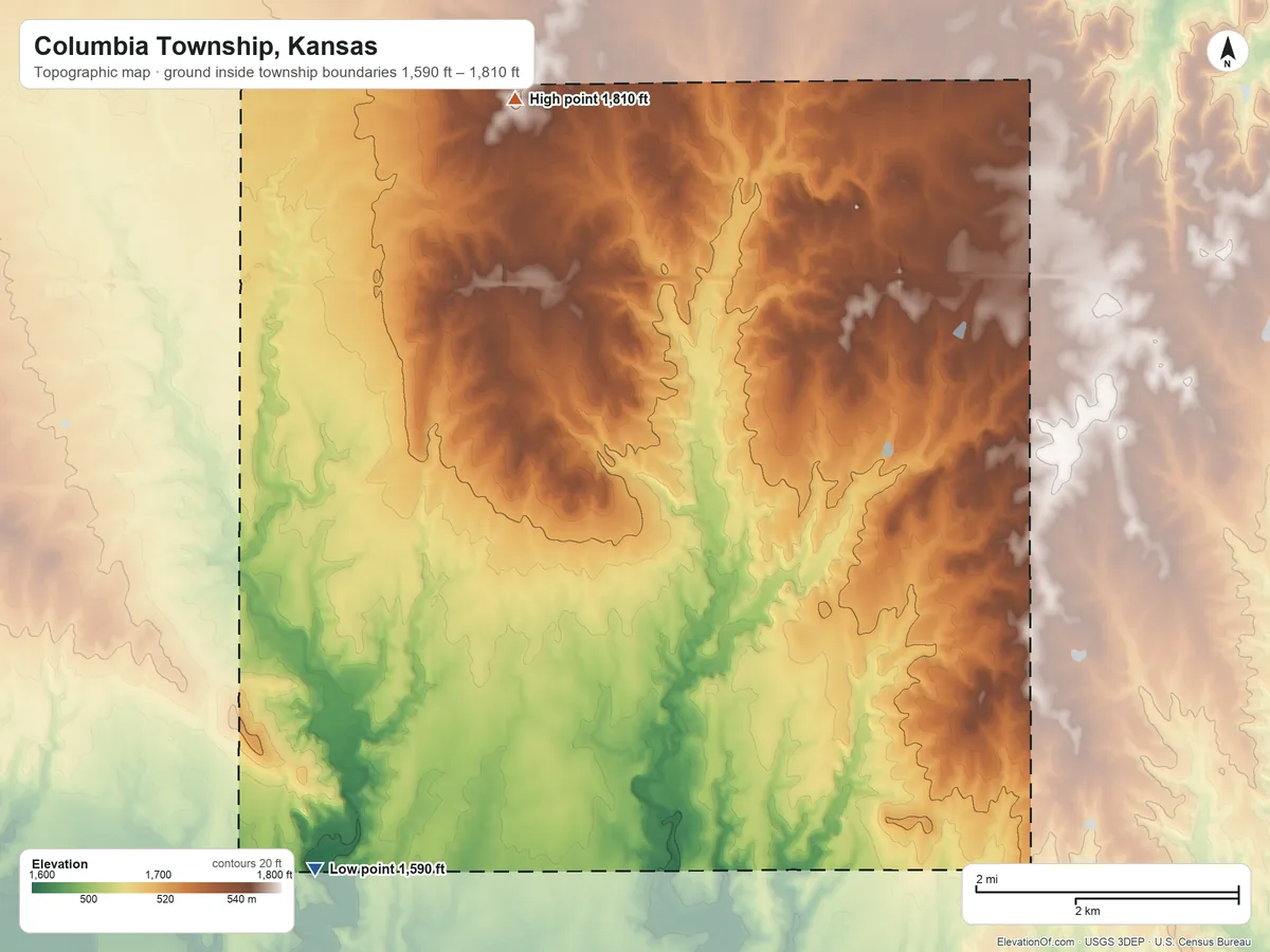 Topographic elevation map of Columbia Township, Kansas, shaded from 1,590 ft on the southwest side to 1,810 ft on the north side