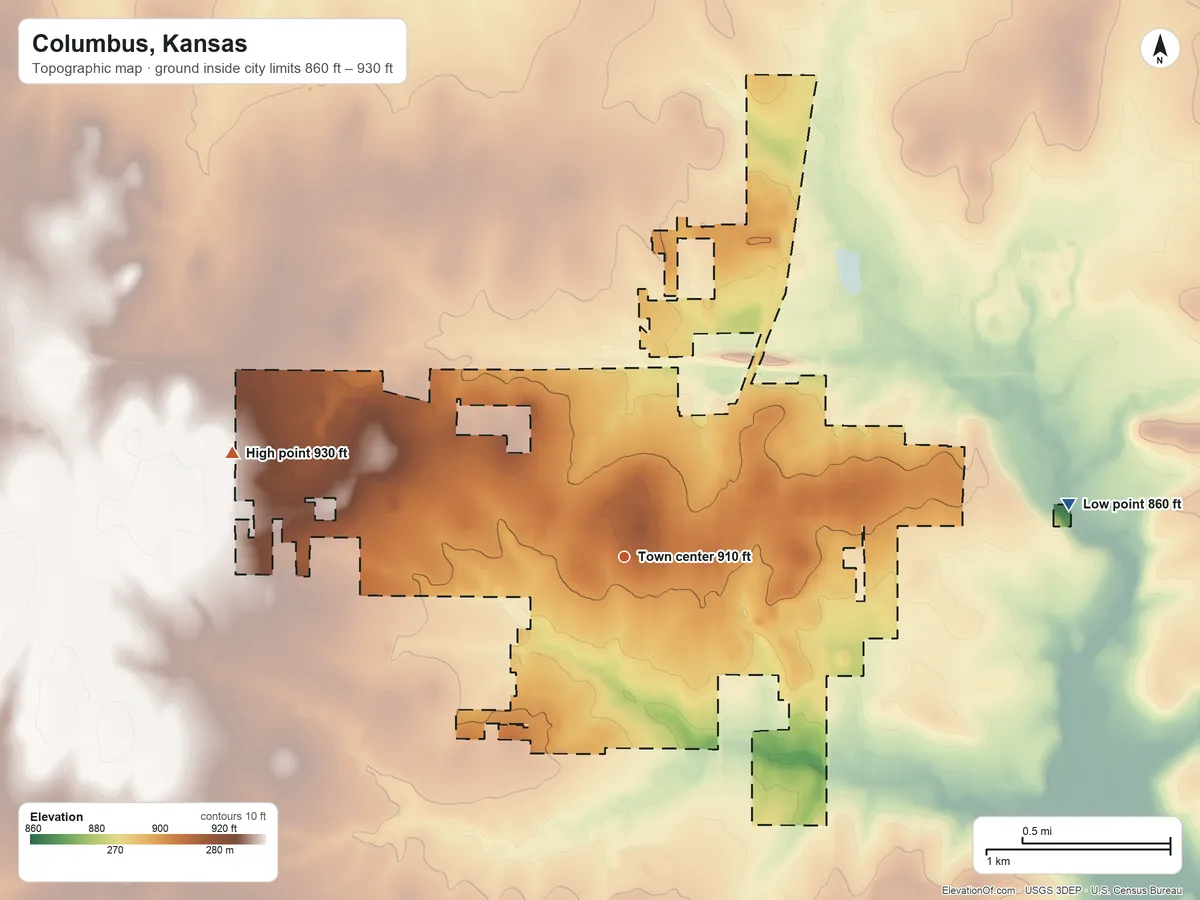 Topographic elevation map of Columbus, Kansas, shaded from 860 ft on the east side to 930 ft on the west side