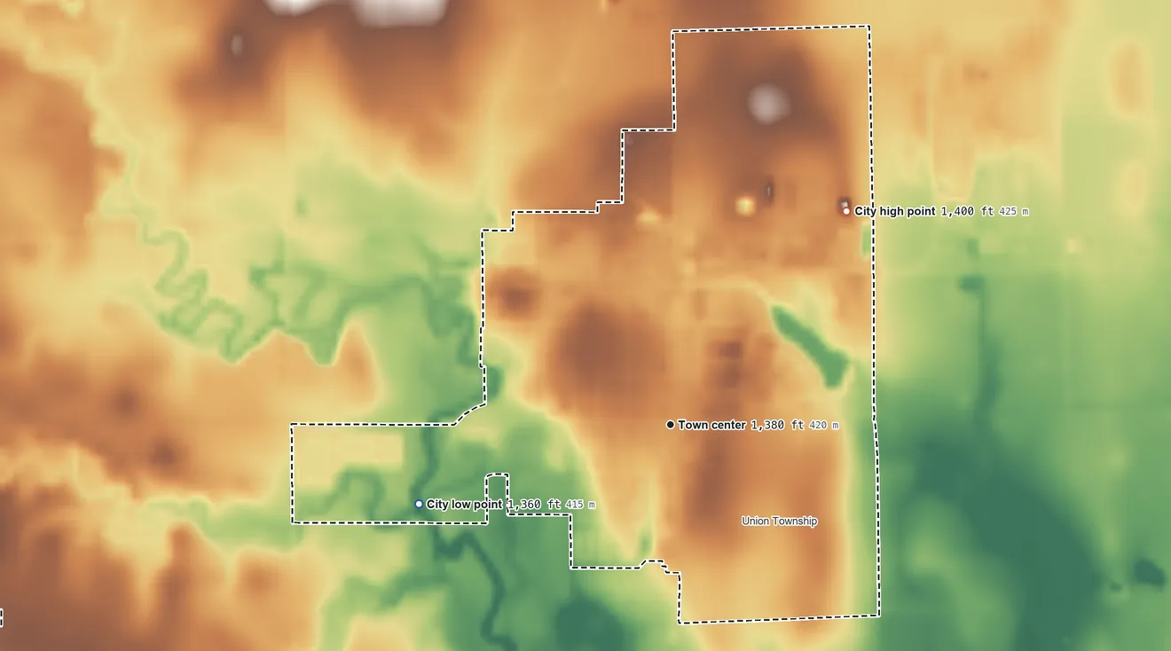 Topographic elevation map of Colwich, Kansas, shaded from 1,360 ft on the west side to 1,400 ft on the northeast side