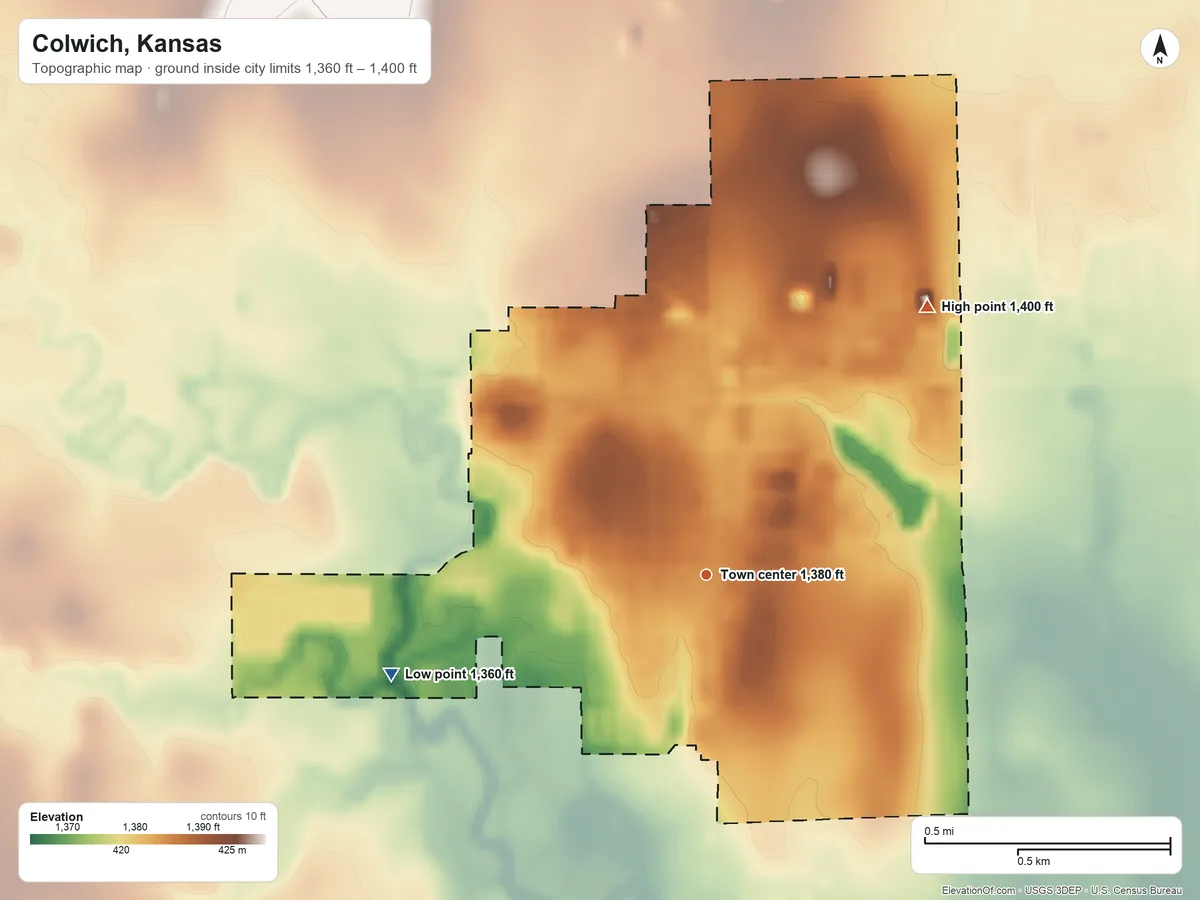 Topographic elevation map of Colwich, Kansas, shaded from 1,360 ft on the west side to 1,400 ft on the northeast side