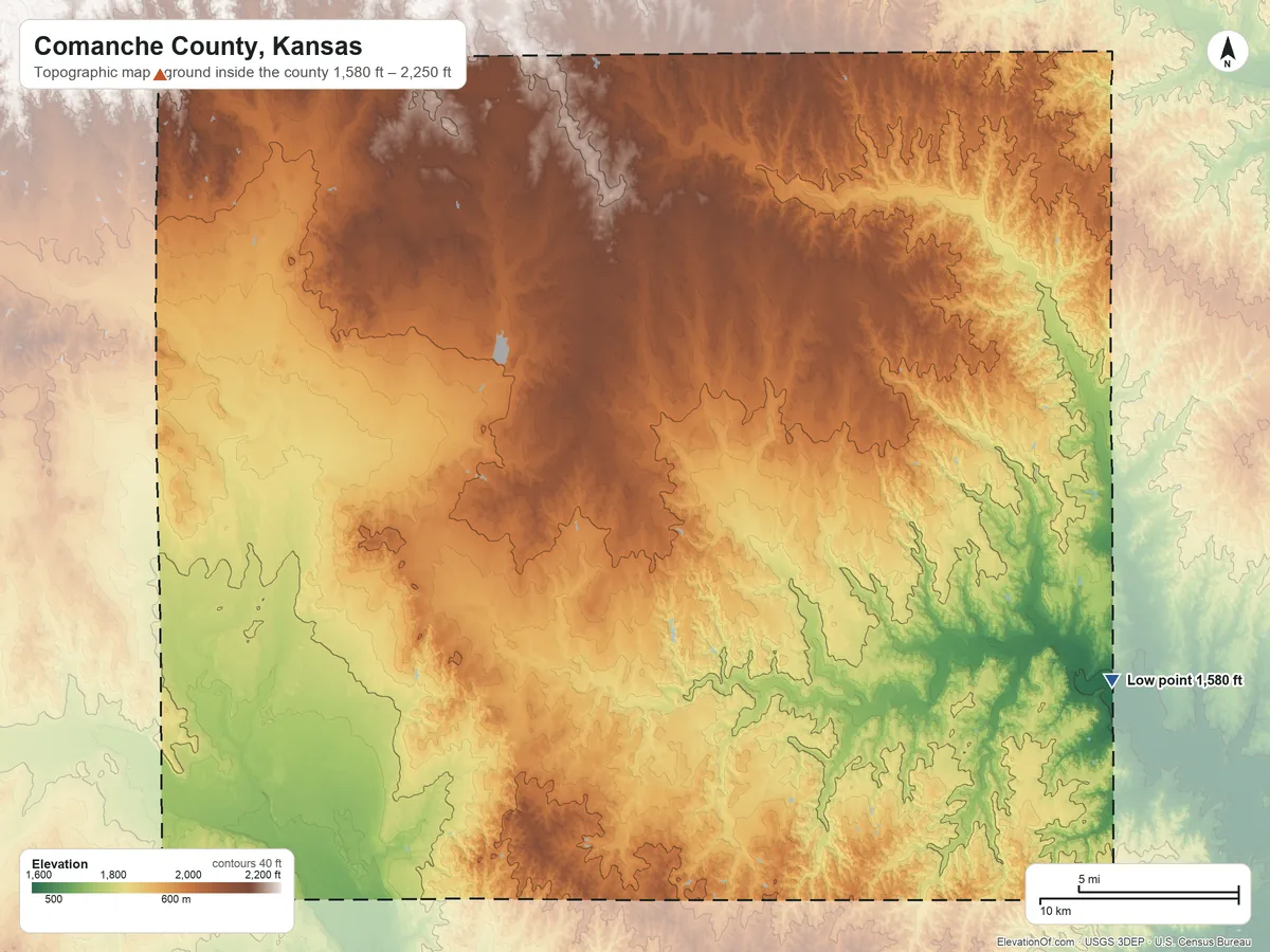 Topographic elevation map of Comanche County, Kansas, shaded from 1,580 ft on the southeast side to 2,250 ft on the northwest side