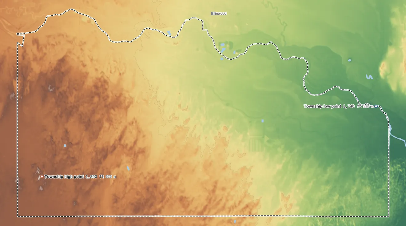 Topographic elevation map of Comanche Township, Kansas, shaded from 1,740 ft on the east side to 1,890 ft on the west side
