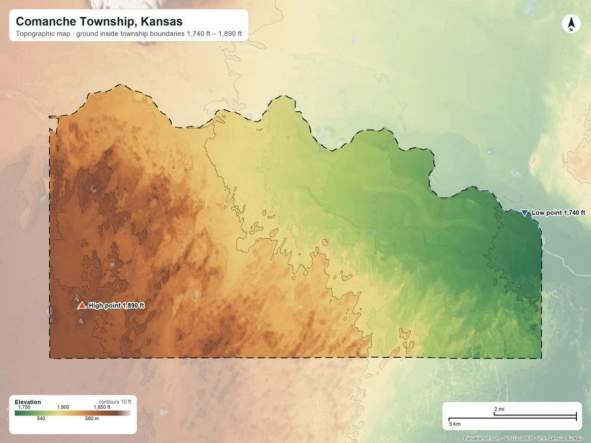 Topographic elevation map of Comanche Township, Kansas, shaded from 1,740 ft on the east side to 1,890 ft on the west side