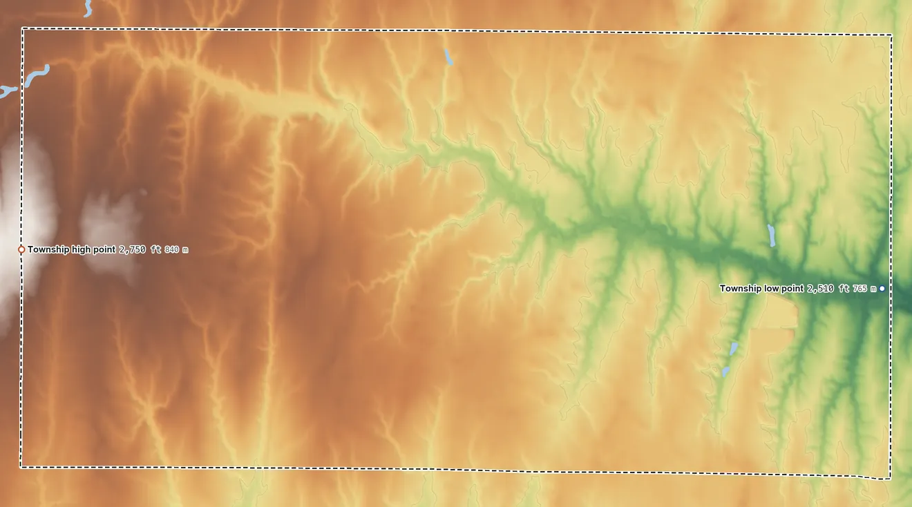 Topographic elevation map of Concord Township, Ford County, Kansas, shaded from 2,510 ft on the east side to 2,750 ft on the west side