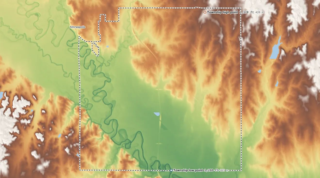 Topographic elevation map of Concord Township, Kansas, shaded from 1,200 ft on the south side to 1,370 ft on the northeast side