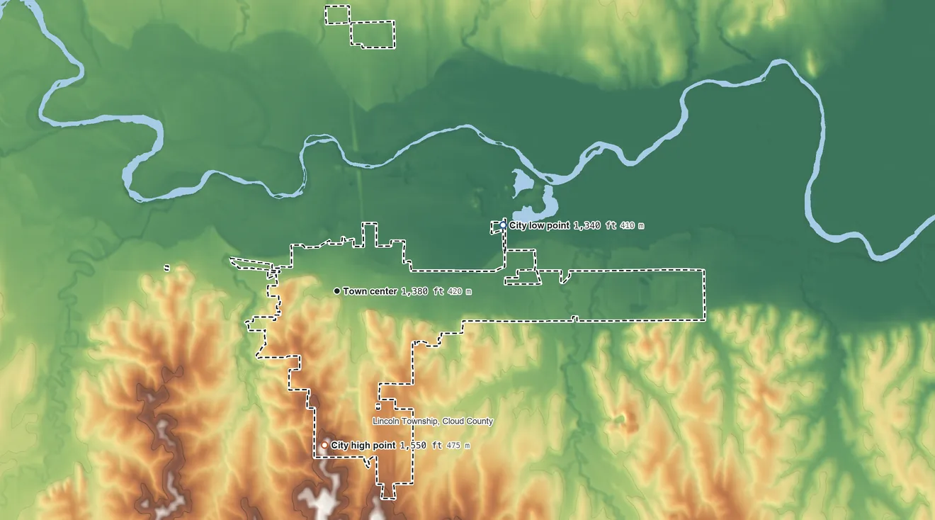 Topographic elevation map of Concordia, Kansas, shaded from 1,340 ft on the east side to 1,550 ft on the south side
