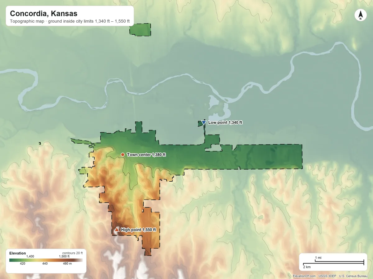 Topographic elevation map of Concordia, Kansas, shaded from 1,340 ft on the east side to 1,550 ft on the south side