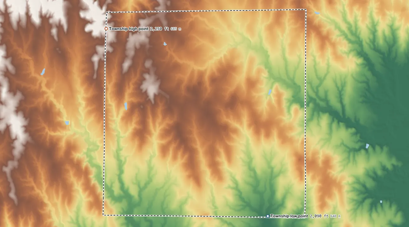 Topographic elevation map of Conkling Township, Kansas, shaded from 2,090 ft on the south side to 2,250 ft on the west side