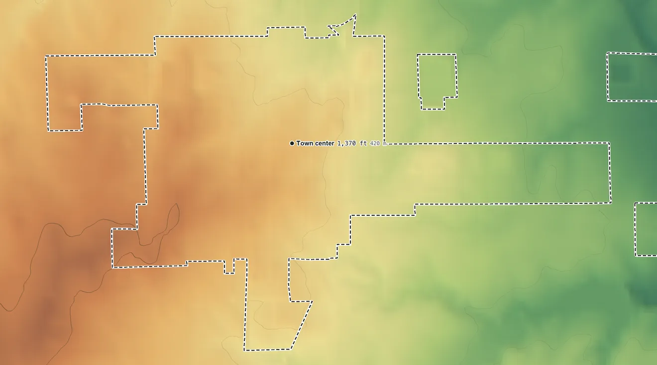 Topographic elevation map of Conway Springs, Kansas, shaded from 1,290 ft on the east side to 1,460 ft on the west side