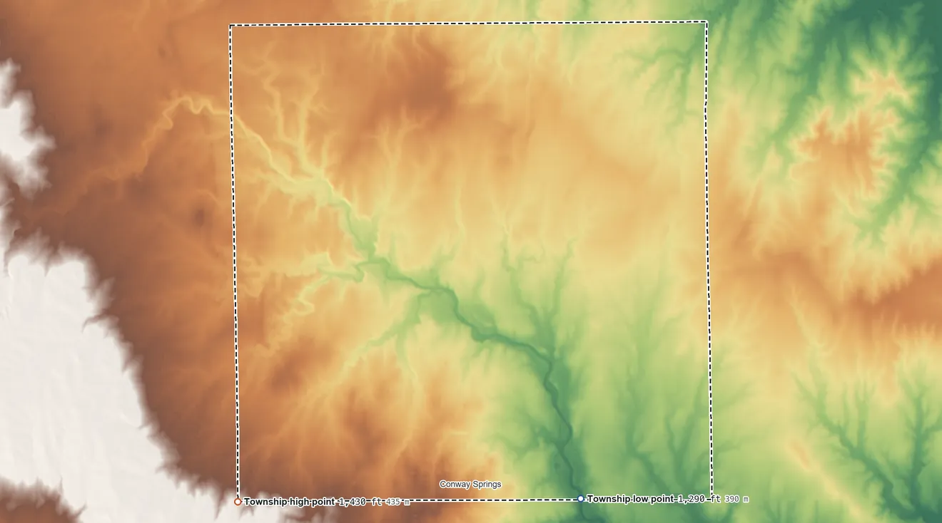 Topographic elevation map of Conway Township, Kansas, shaded from 1,290 ft on the southeast side to 1,430 ft on the west side