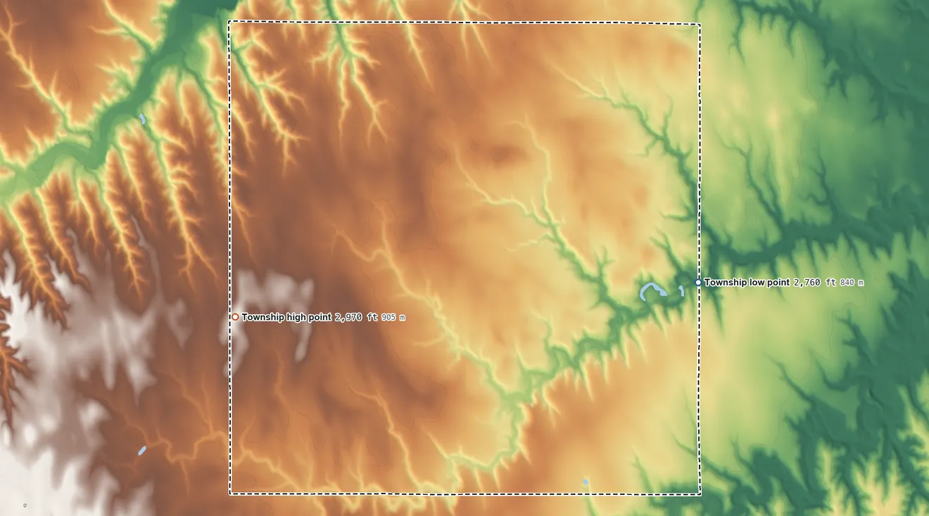 Topographic elevation map of Cook Township, Kansas, shaded from 2,760 ft on the northeast side to 2,970 ft on the west side
