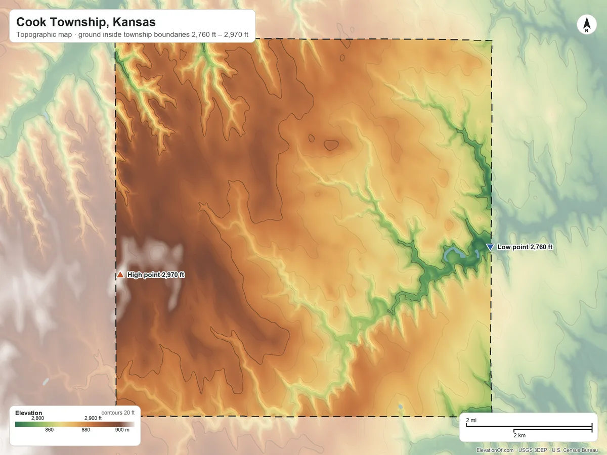 Topographic elevation map of Cook Township, Kansas, shaded from 2,760 ft on the northeast side to 2,970 ft on the west side