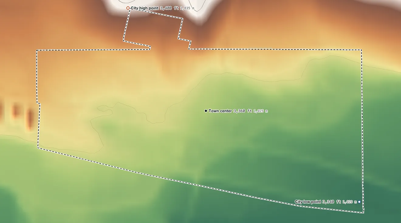 Topographic elevation map of Coolidge, Kansas, shaded from 3,340 ft on the southeast side to 3,400 ft on the northwest side