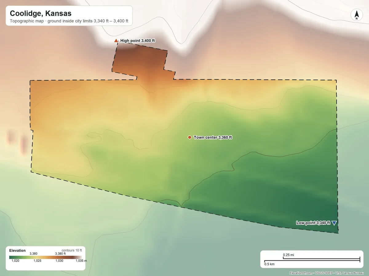 Topographic elevation map of Coolidge, Kansas, shaded from 3,340 ft on the southeast side to 3,400 ft on the northwest side
