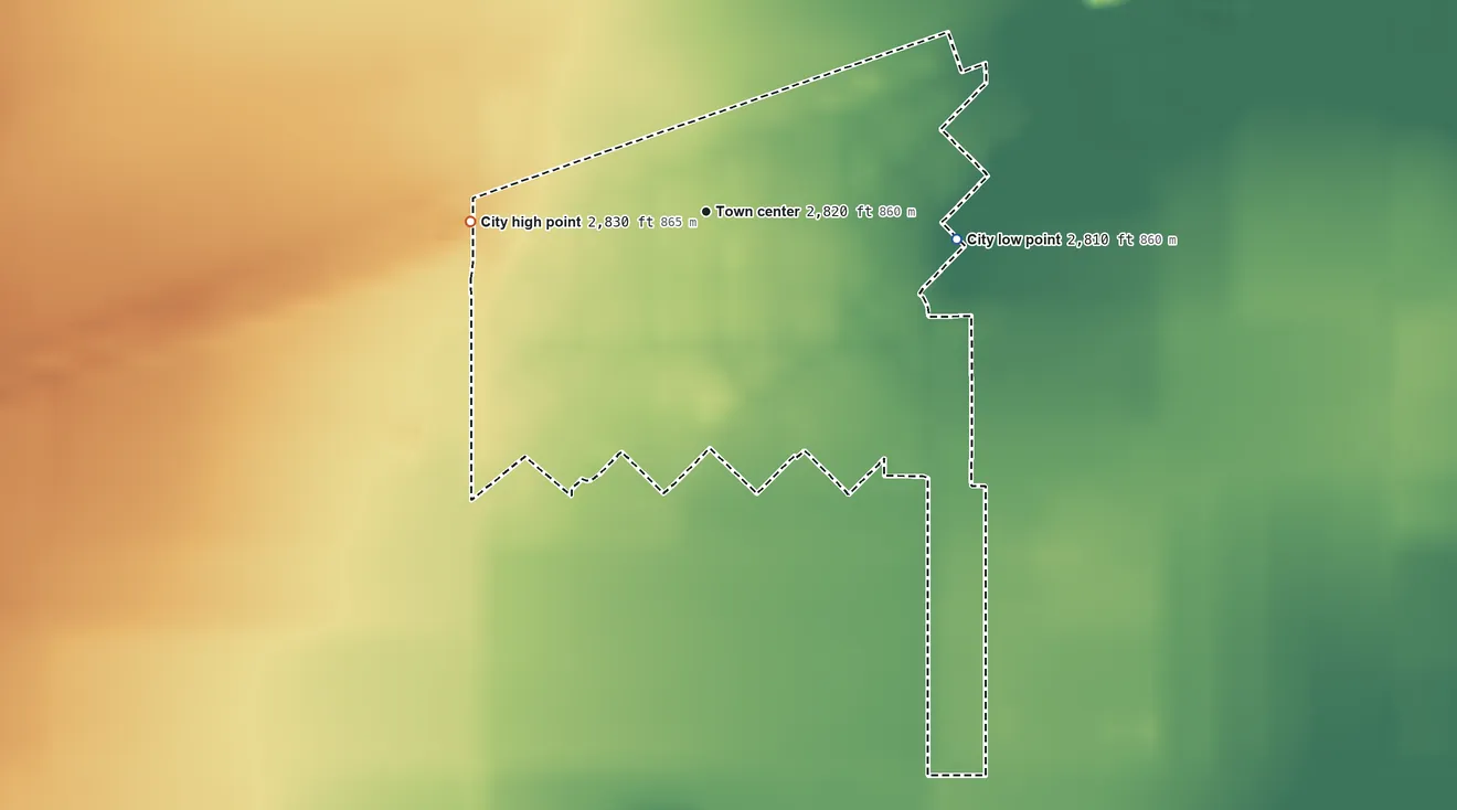 Topographic elevation map of Copeland, Kansas, shaded from 2,810 ft on the east side to 2,830 ft on the west side