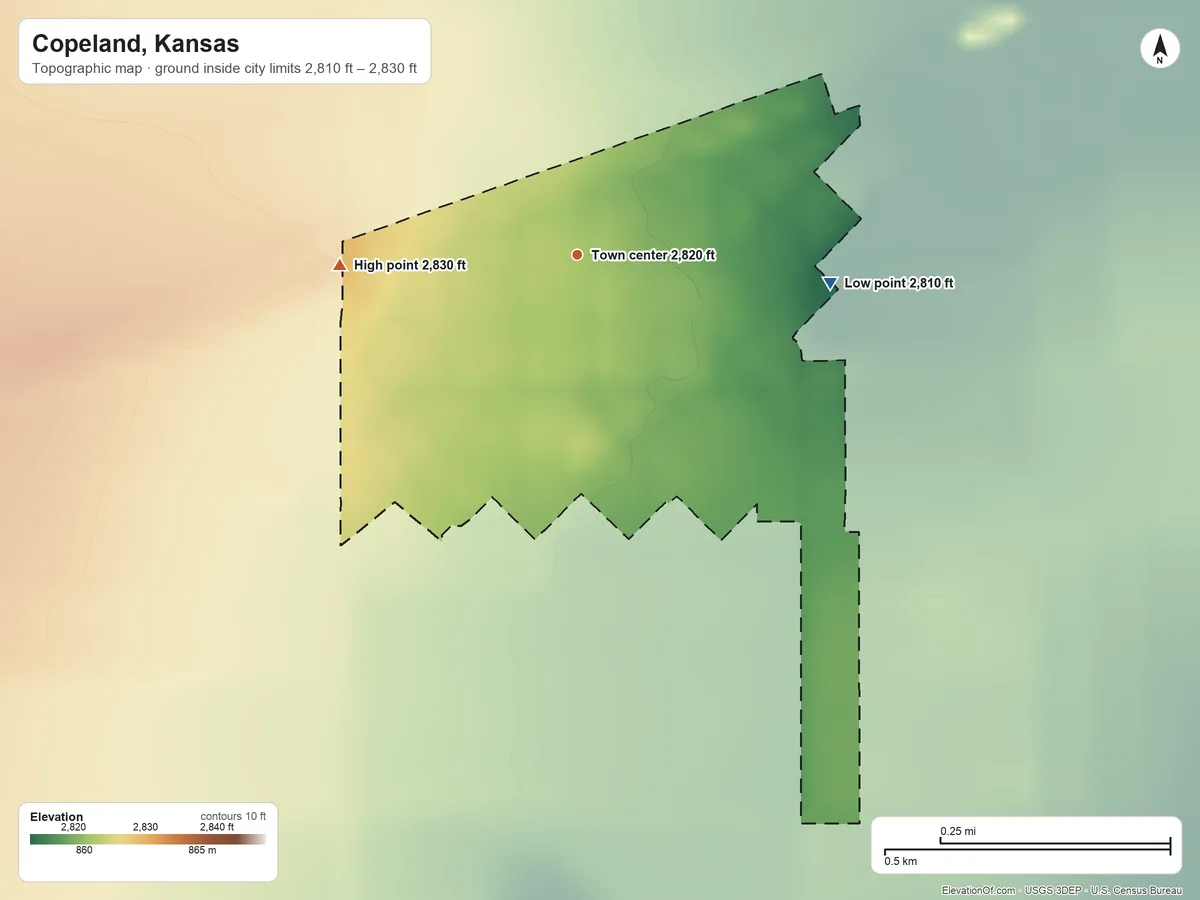 Topographic elevation map of Copeland, Kansas, shaded from 2,810 ft on the east side to 2,830 ft on the west side