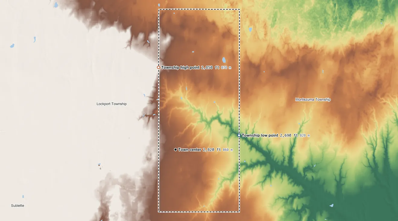 Topographic elevation map of Copeland Township, Kansas, shaded from 2,690 ft on the east side to 2,850 ft on the north side