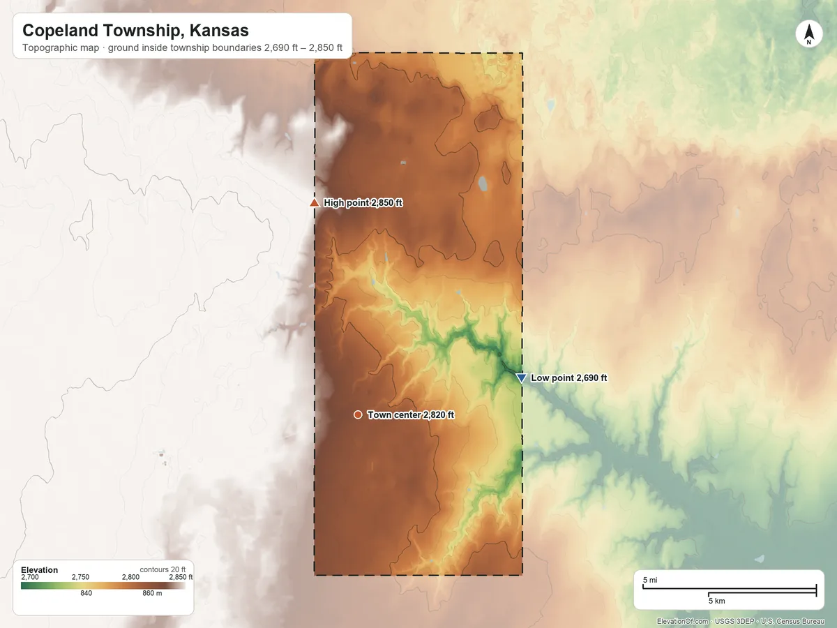 Topographic elevation map of Copeland Township, Kansas, shaded from 2,690 ft on the east side to 2,850 ft on the north side