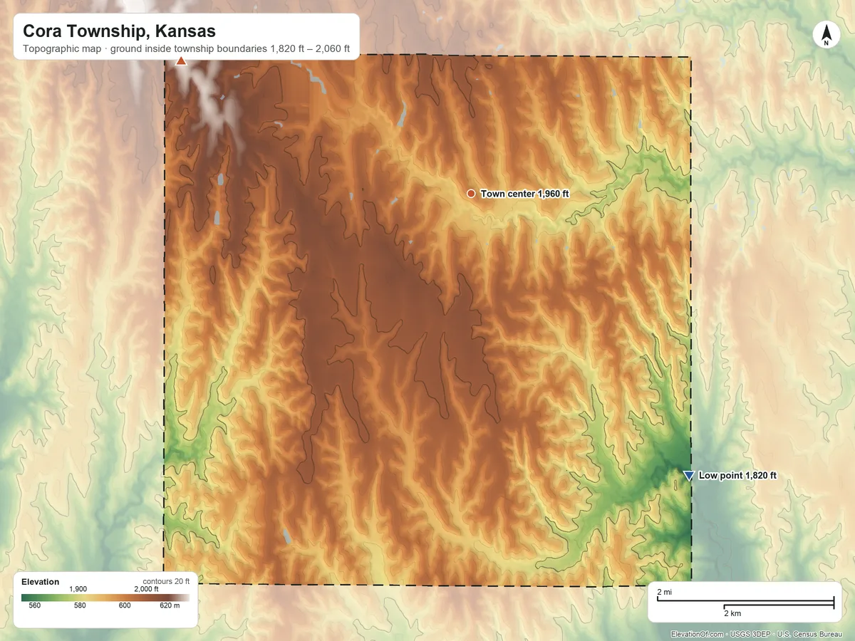 Topographic elevation map of Cora Township, Kansas, shaded from 1,820 ft on the southeast side to 2,060 ft on the northwest side