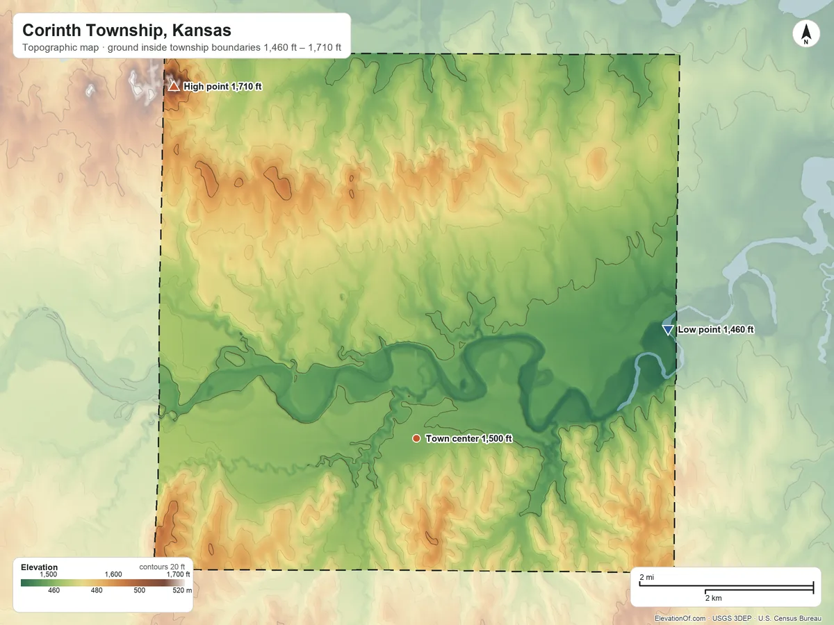 Topographic elevation map of Corinth Township, Kansas, shaded from 1,460 ft on the northeast side to 1,710 ft on the northwest side