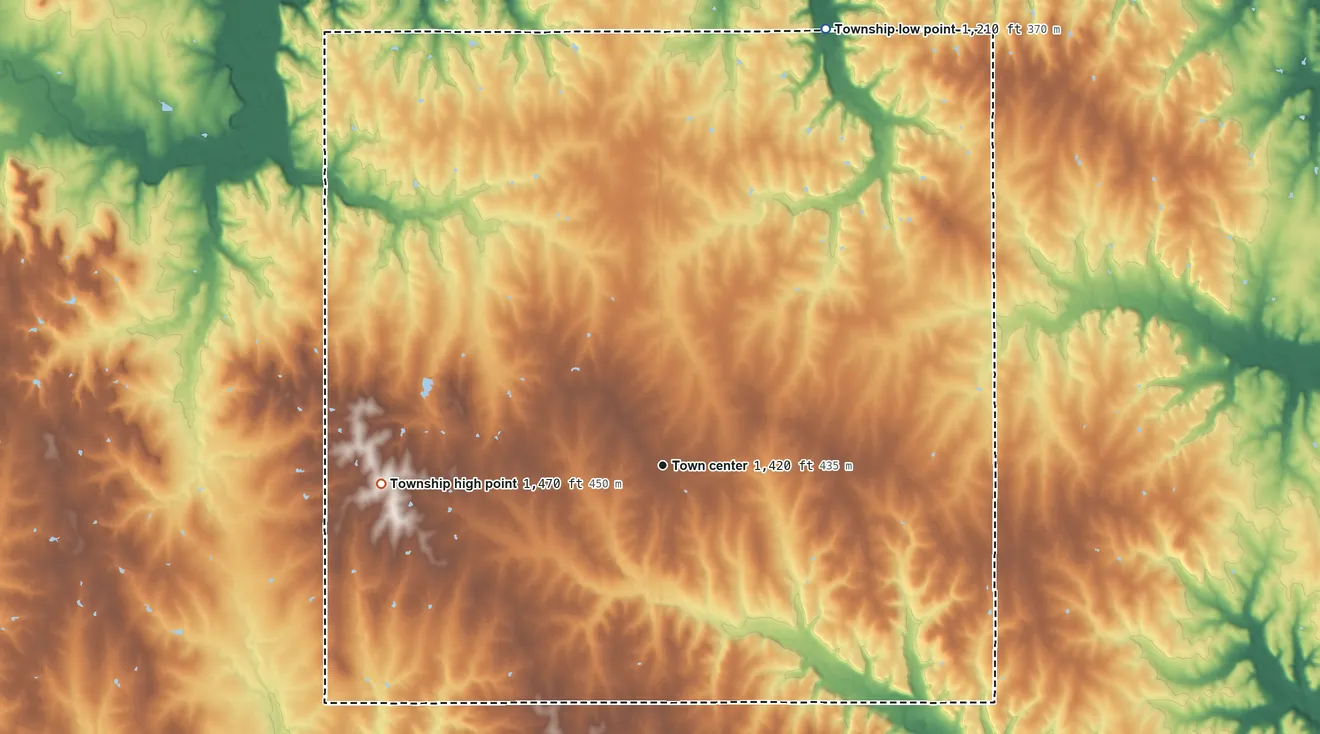 Topographic elevation map of Cottage Hill Township, Kansas, shaded from 1,210 ft on the north side to 1,470 ft on the west side