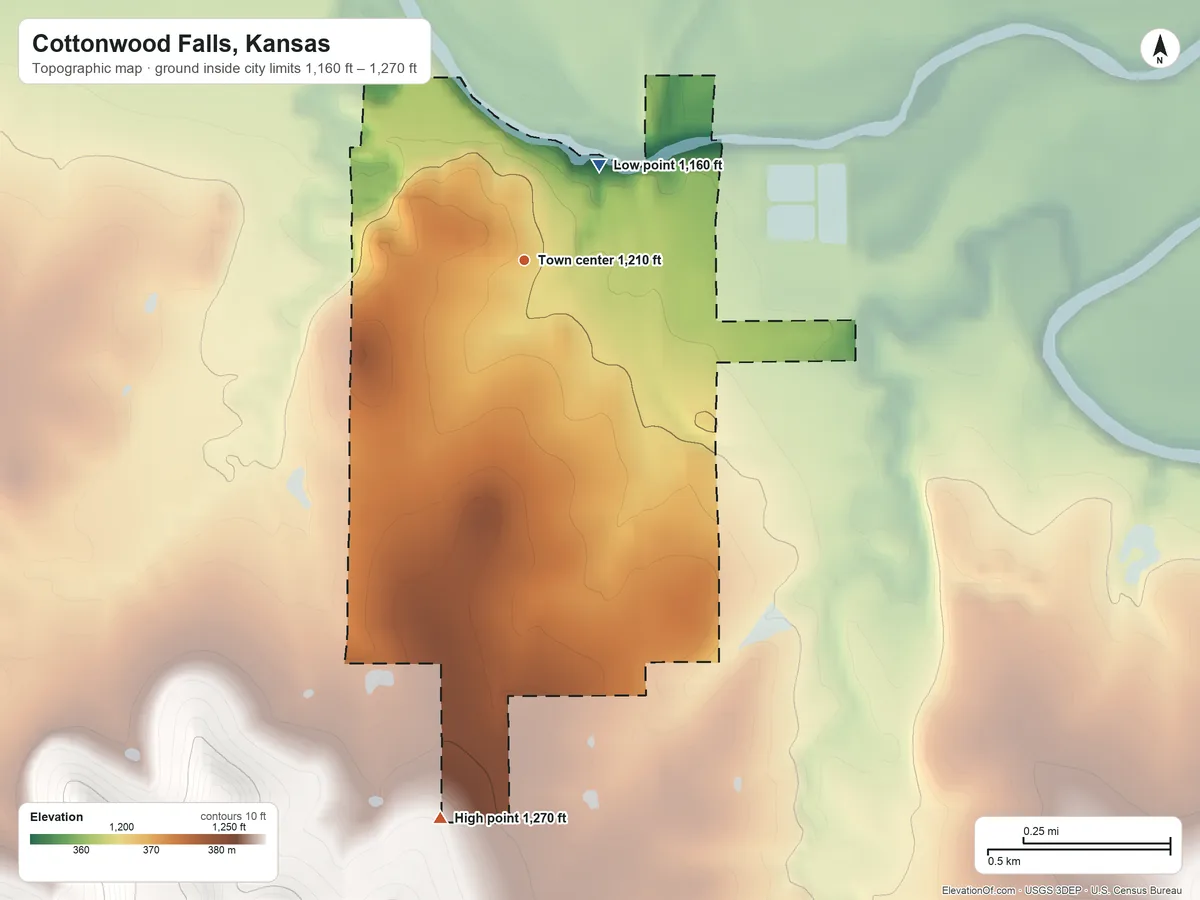 Topographic elevation map of Cottonwood Falls, Kansas, shaded from 1,160 ft on the northeast side to 1,270 ft on the south side