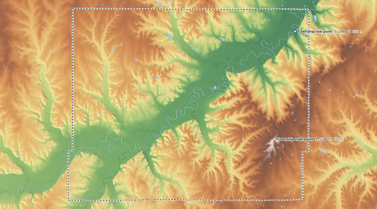 Topographic elevation map of Cottonwood Township, Kansas, shaded from 1,180 ft on the northeast side to 1,570 ft on the southeast side